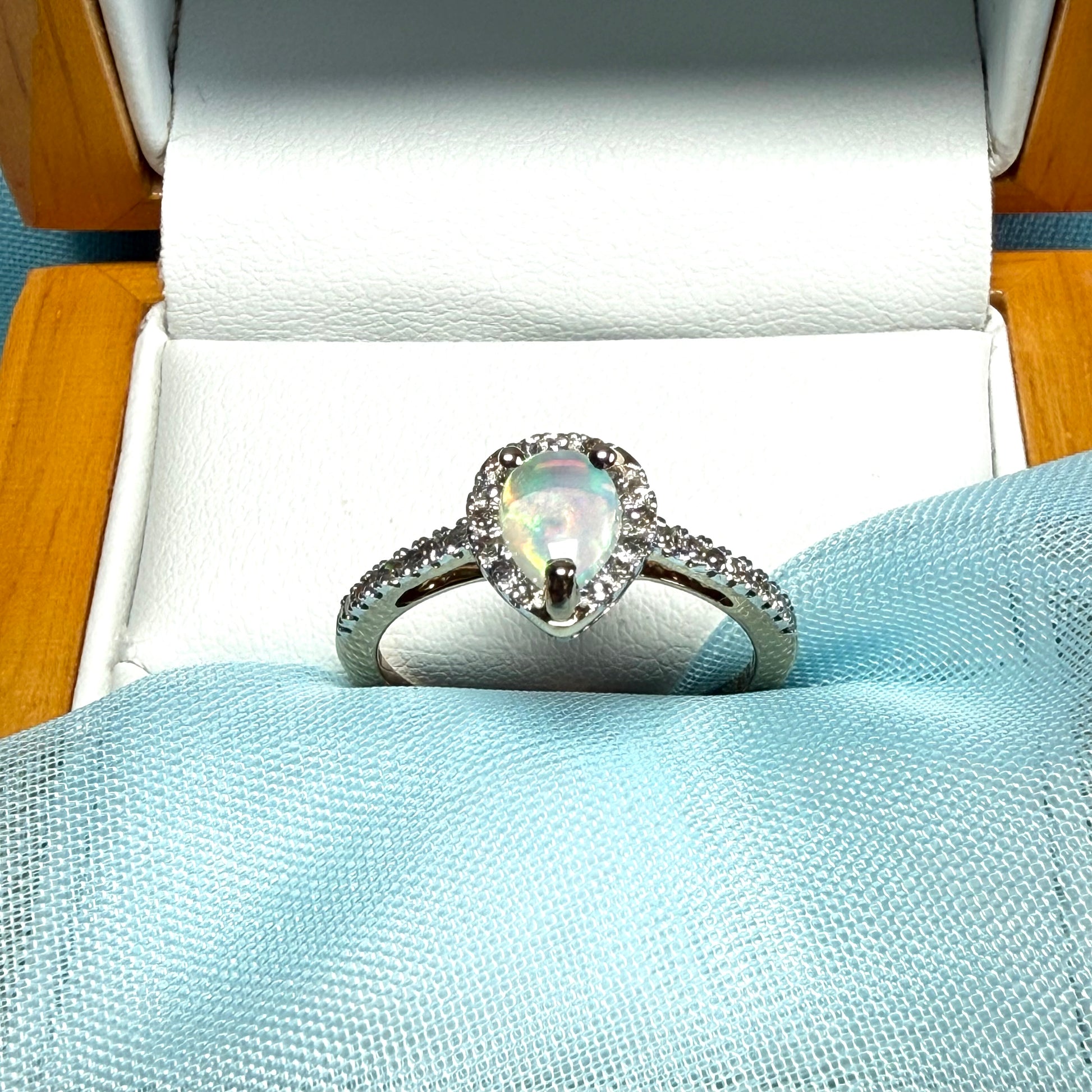 Real opal and real diamond yellow gold pear shaped cluster ring
