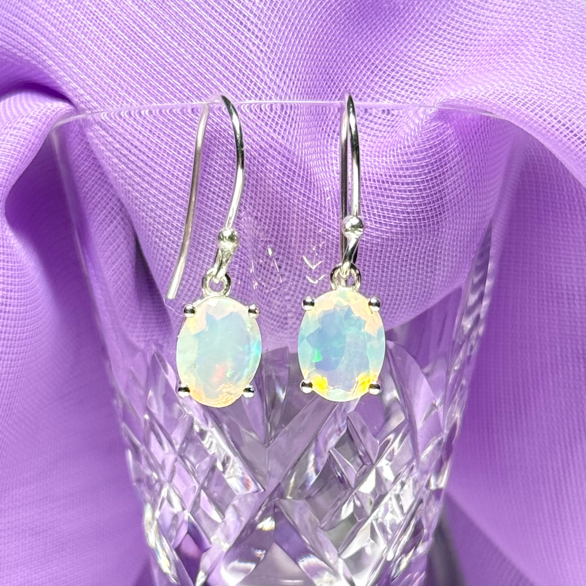 Real opal sterling silver oval shaped drop earrings
