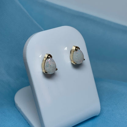 Real opal yellow gold pear shaped stud earrings