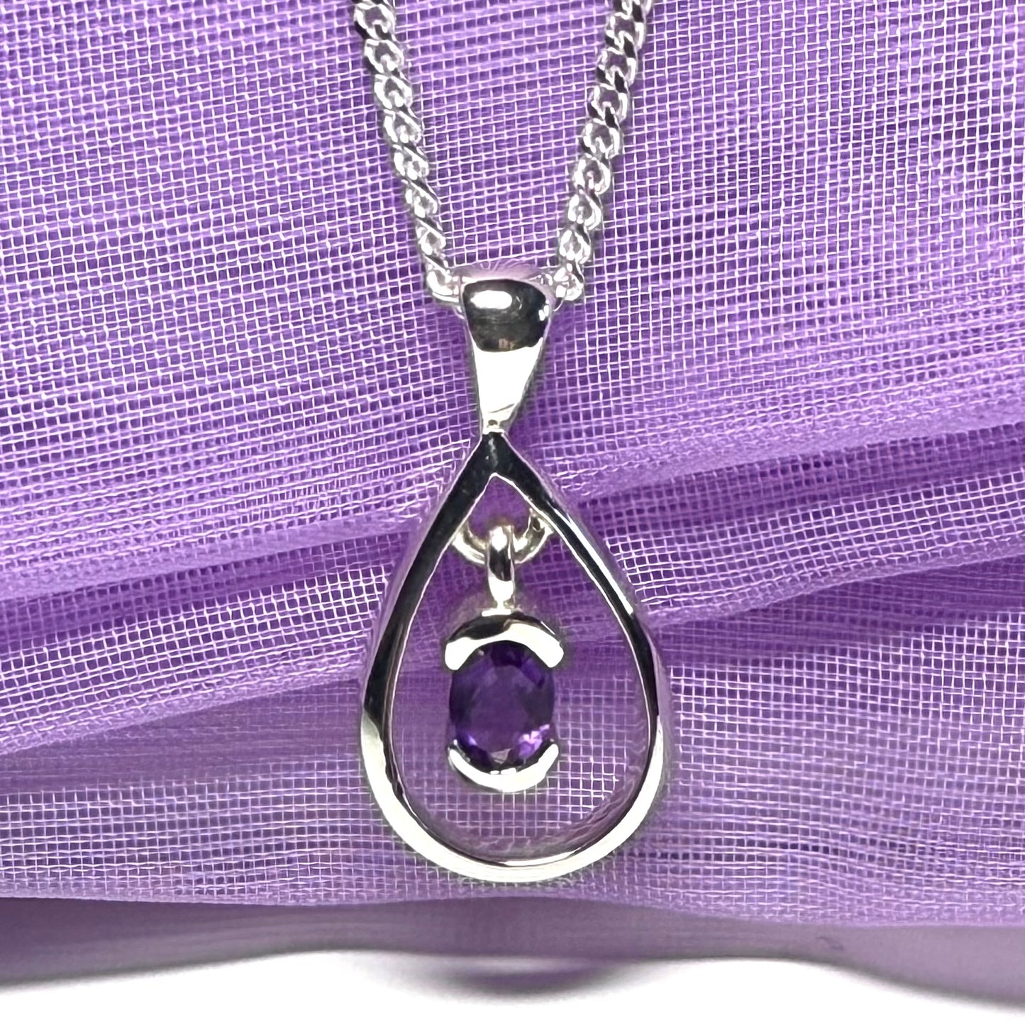 Real oval amethyst necklace sterling silver open pear shaped pendant