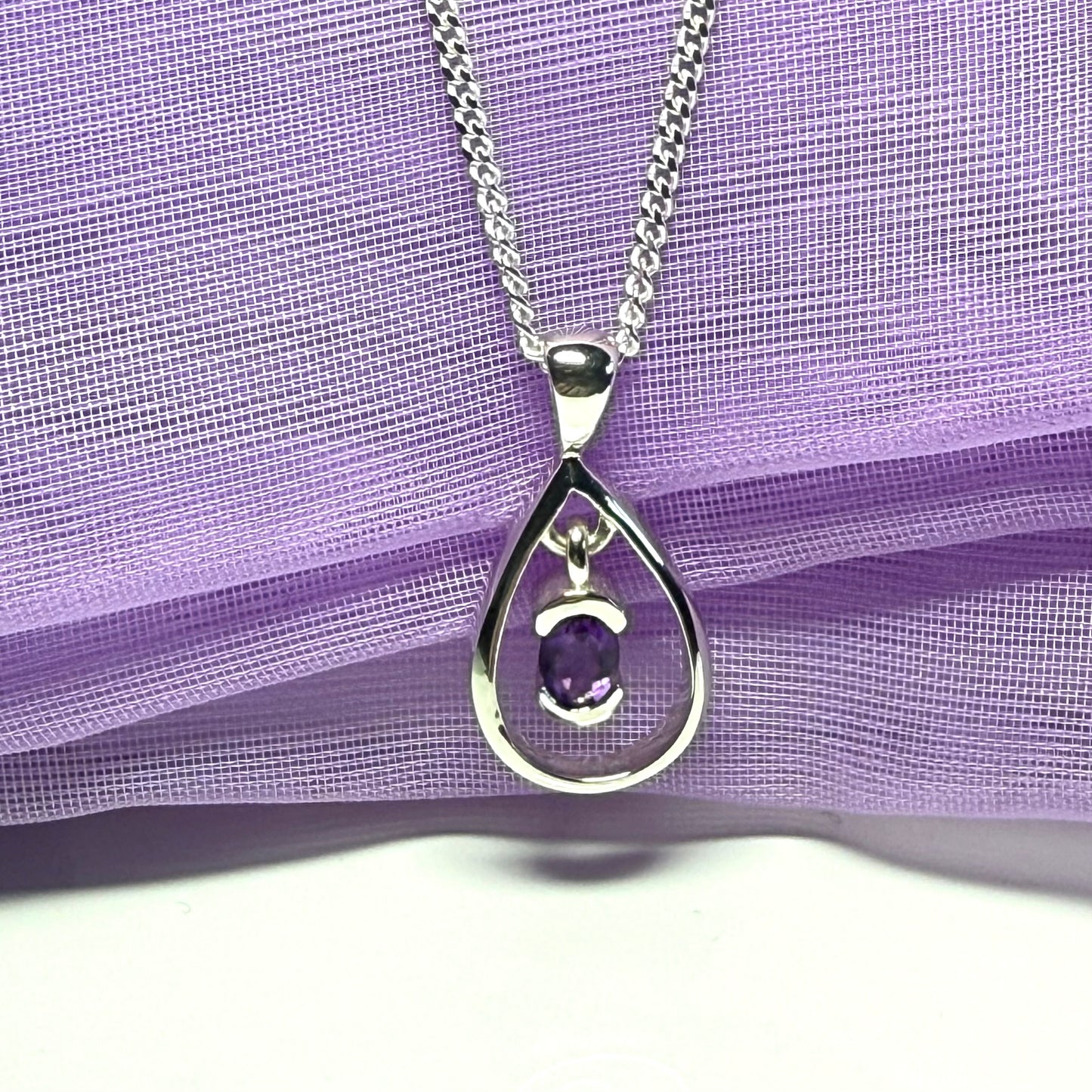 Real oval amethyst necklace sterling silver open pear shaped pendant