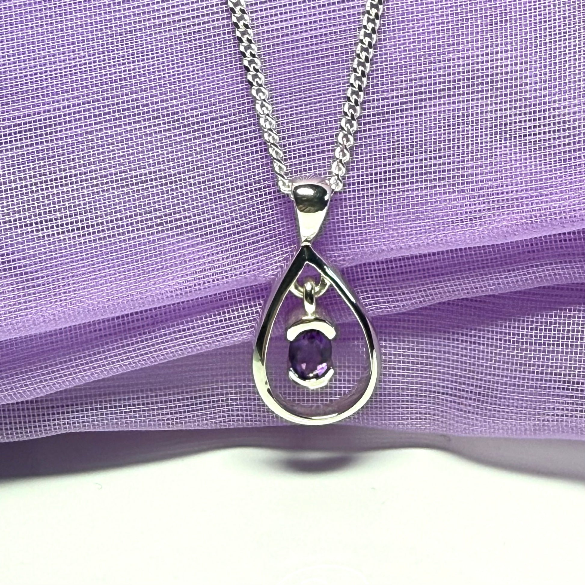 Real oval amethyst necklace sterling silver open pear shaped pendant