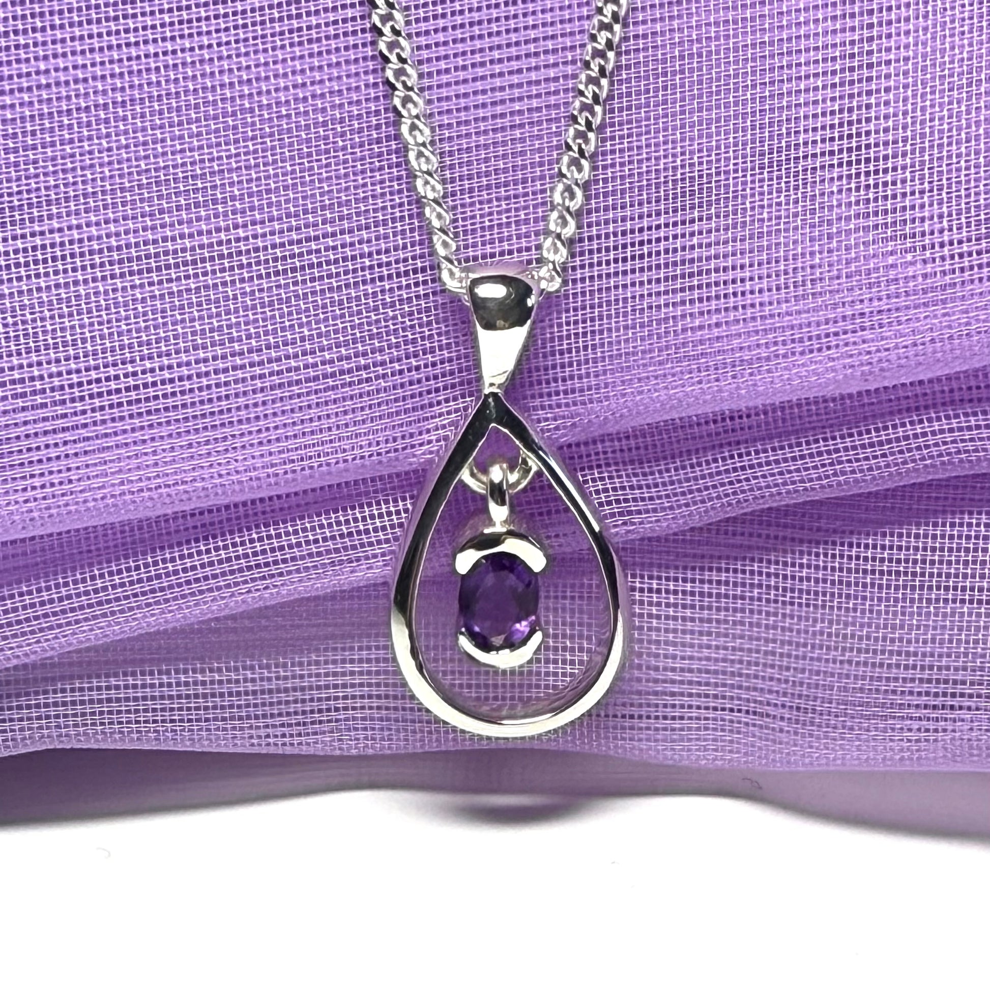 Real oval amethyst necklace sterling silver open pear shaped pendant