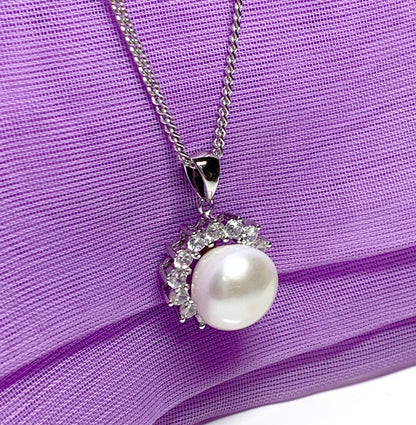 Real pearl sterling silver round necklace sparkling pendant