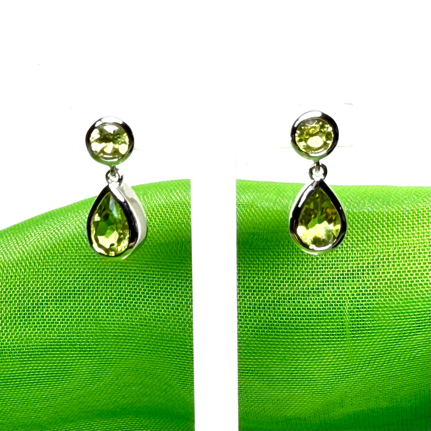 Real peridot double drop earrings green sterling silver rub over