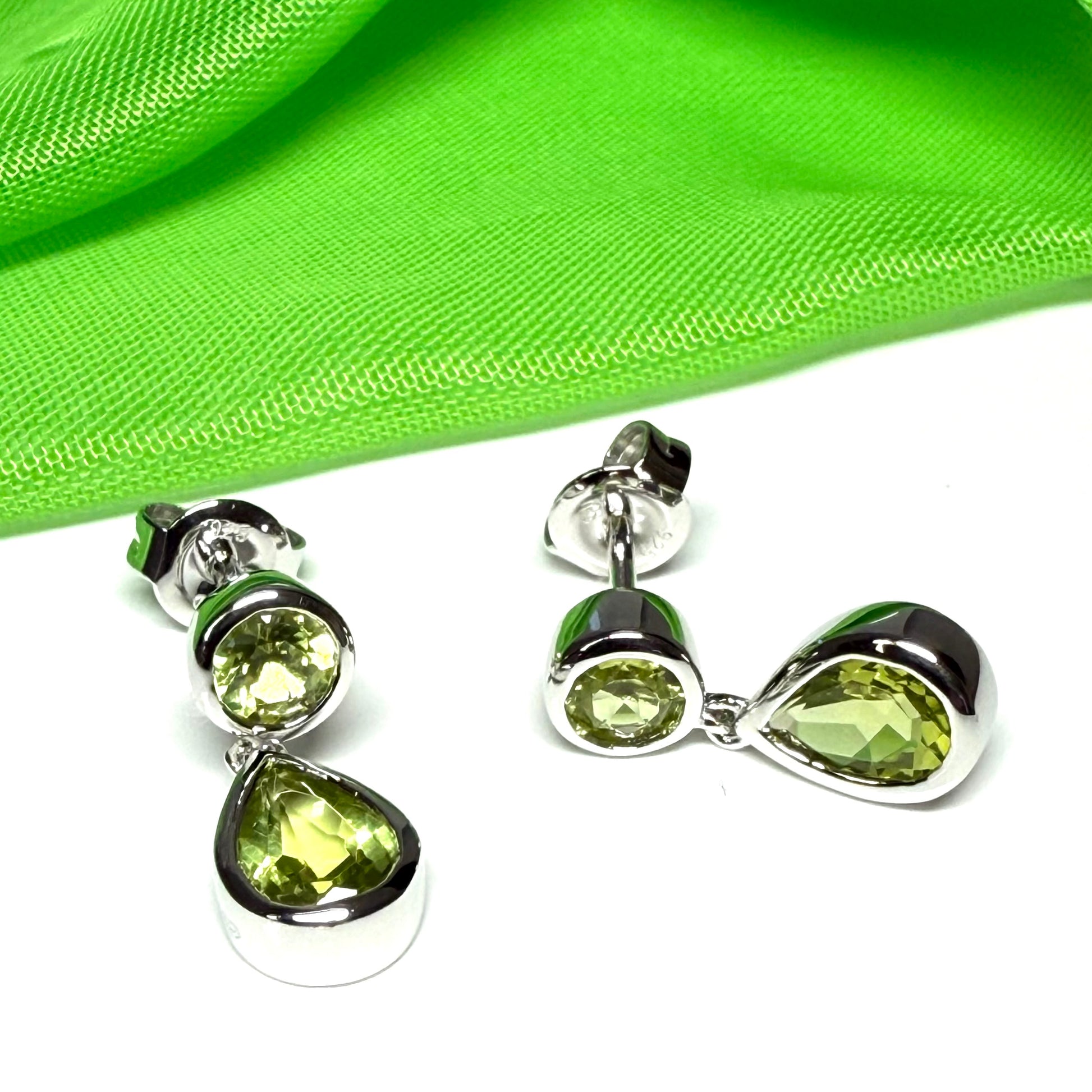 Real peridot double drop earrings green sterling silver rub over