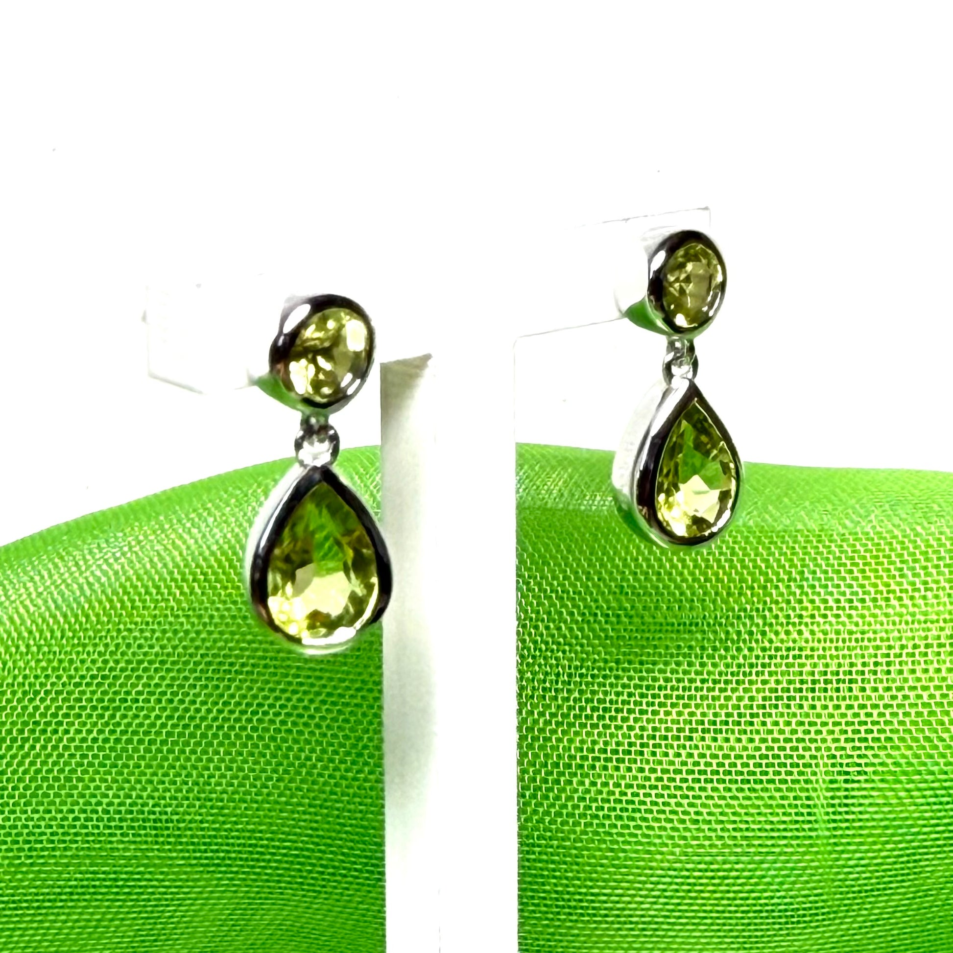 Real peridot double drop earrings green sterling silver rub over
