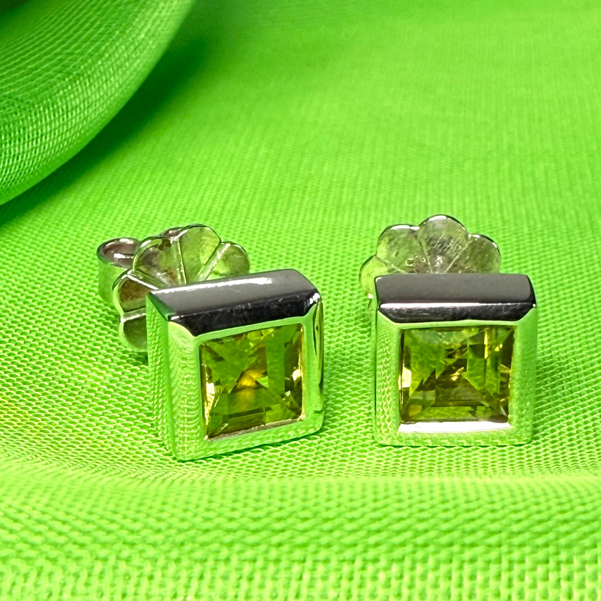Real peridot square stud earrings rubbed over edged
