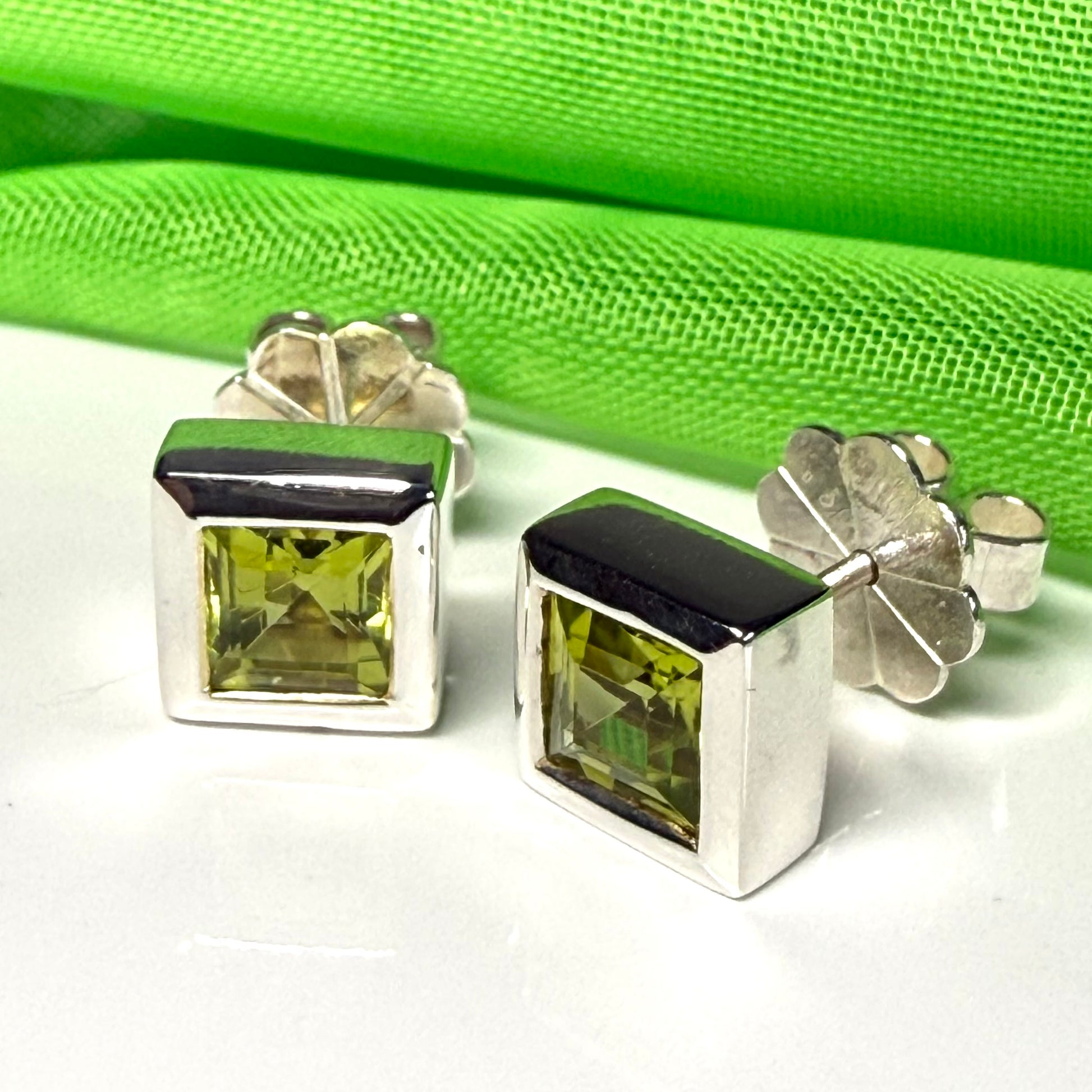 Real peridot square stud earrings rubbed over edged
