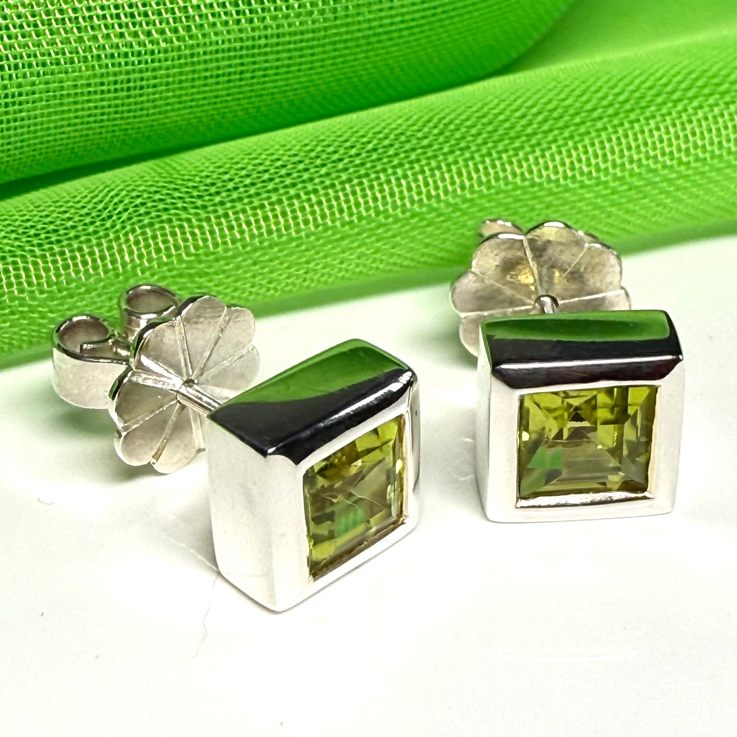 Real peridot square stud earrings rubbed over edged