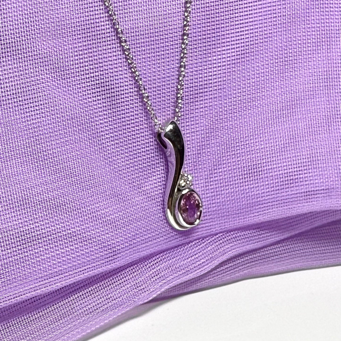 Real pink sapphire and diamond pendant necklace white gold