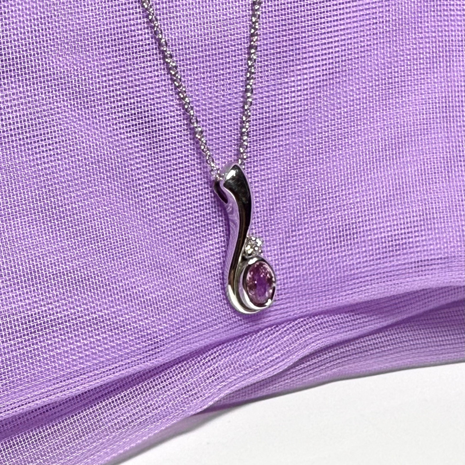 Real pink sapphire and diamond pendant necklace white gold