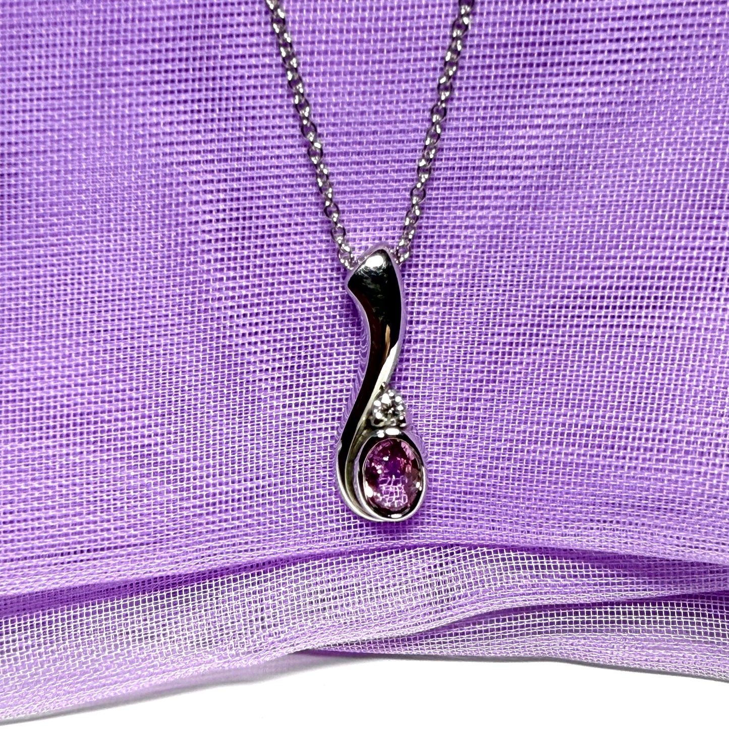 Real pink sapphire and diamond pendant necklace white gold