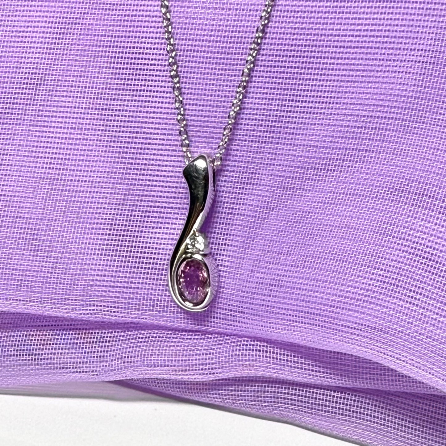 Real pink sapphire and diamond pendant necklace white gold