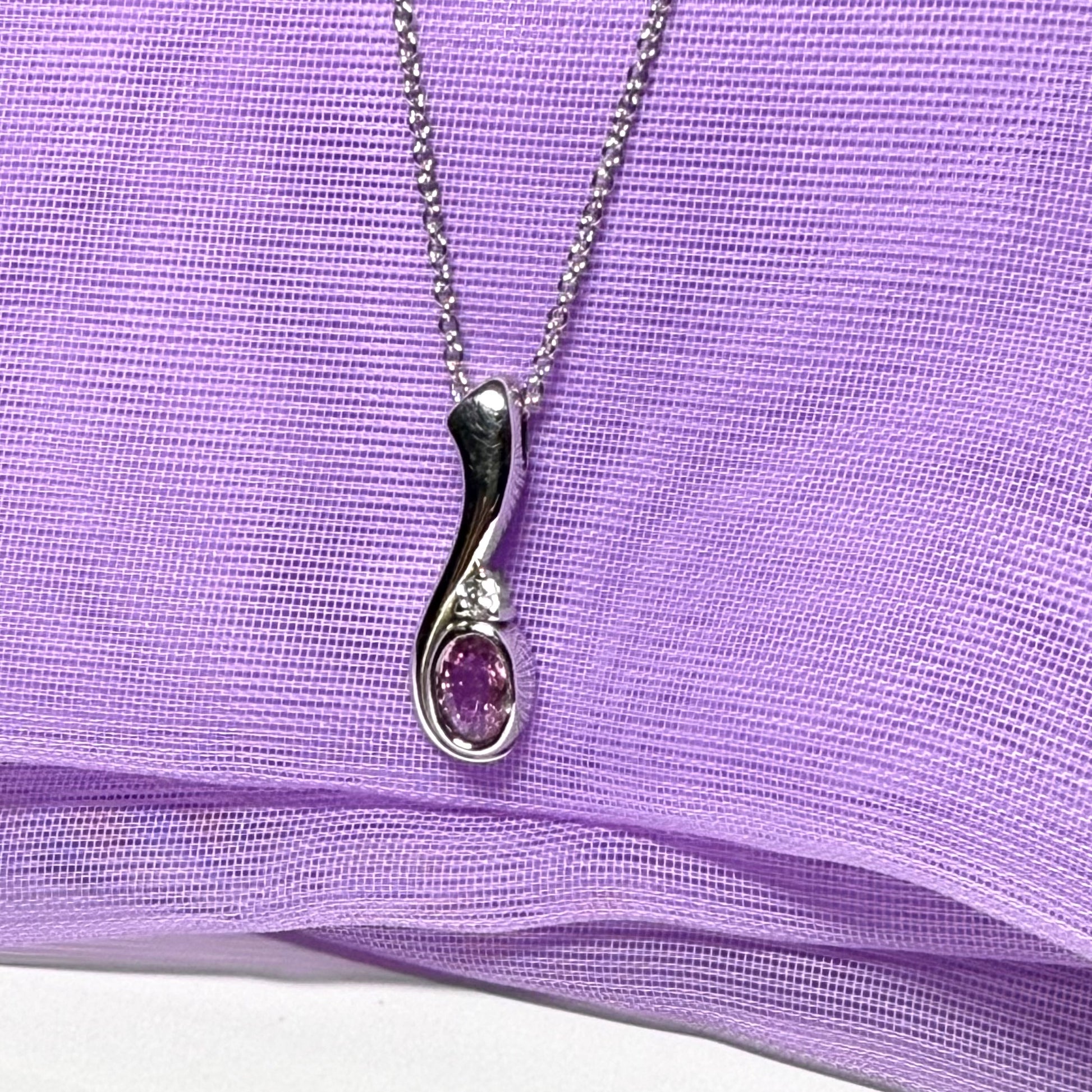 Real pink sapphire and diamond pendant necklace white gold