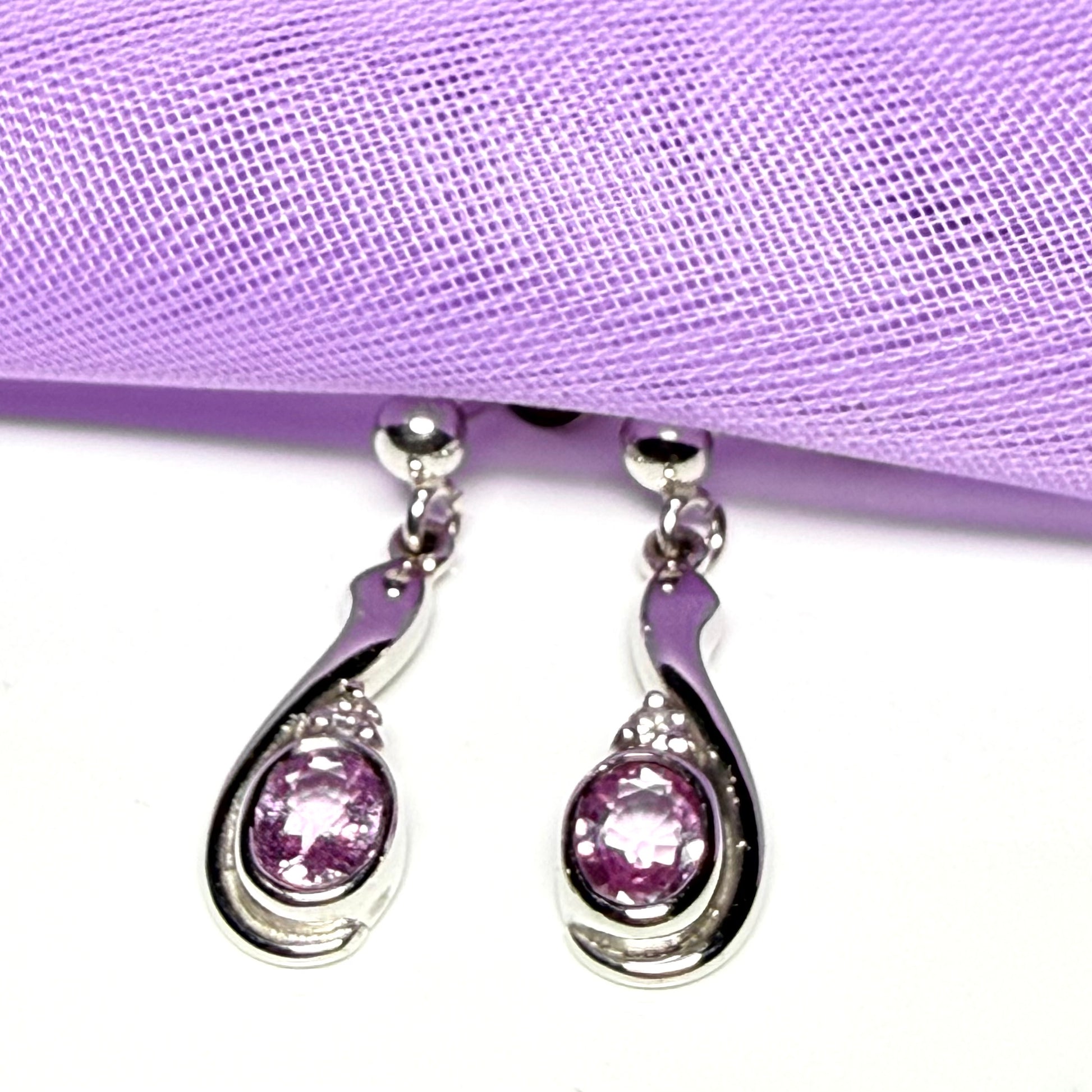 Real pink sapphire drop earrings with diamond white gold