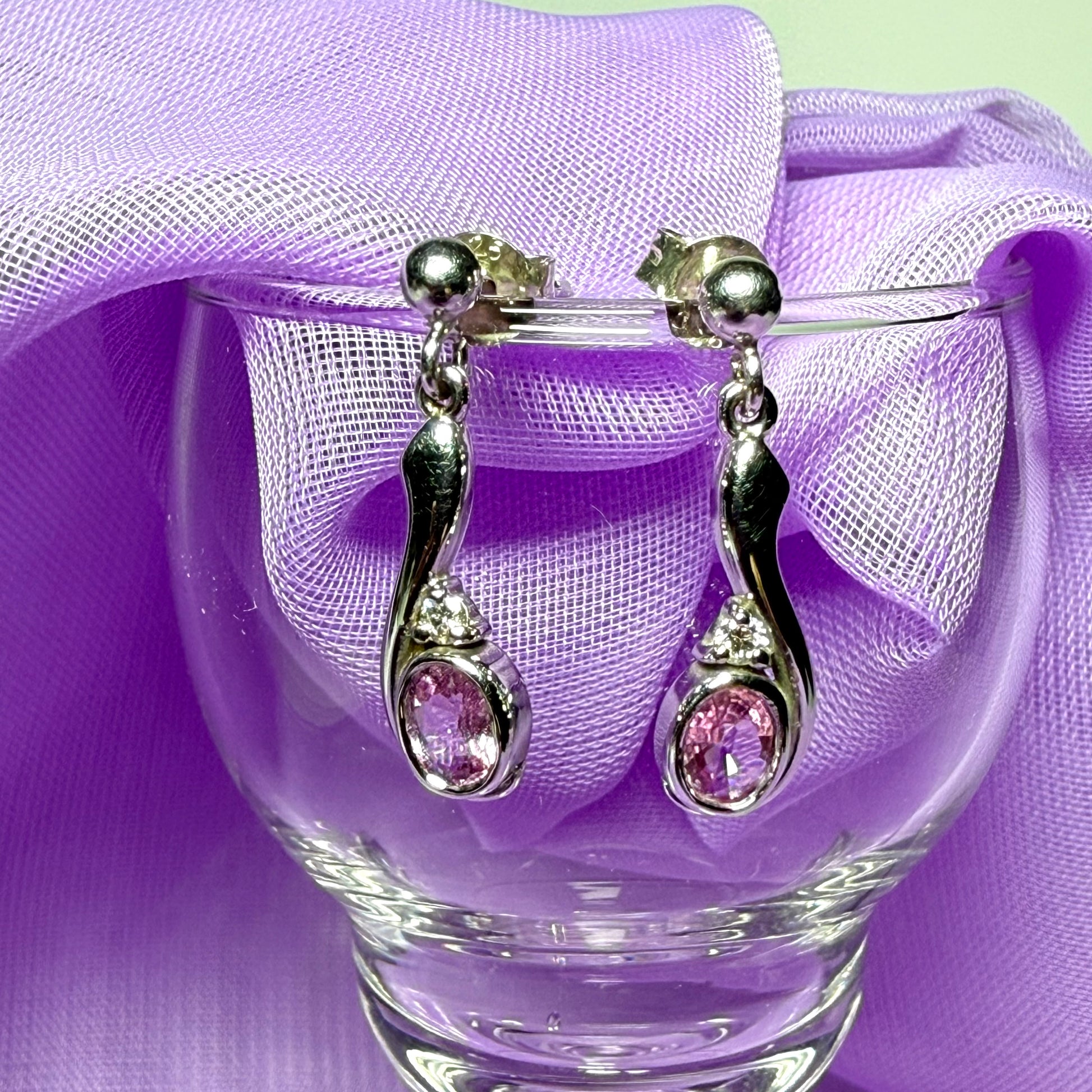 Real pink sapphire drop earrings with diamond white gold