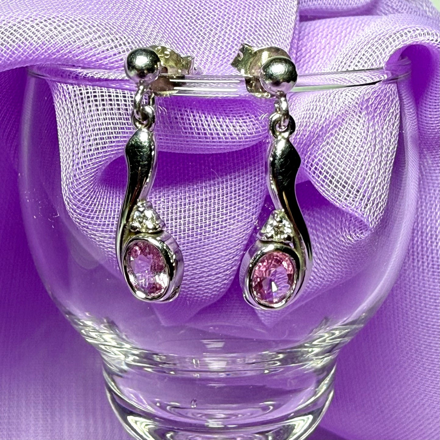 Real pink sapphire drop earrings with diamond white gold