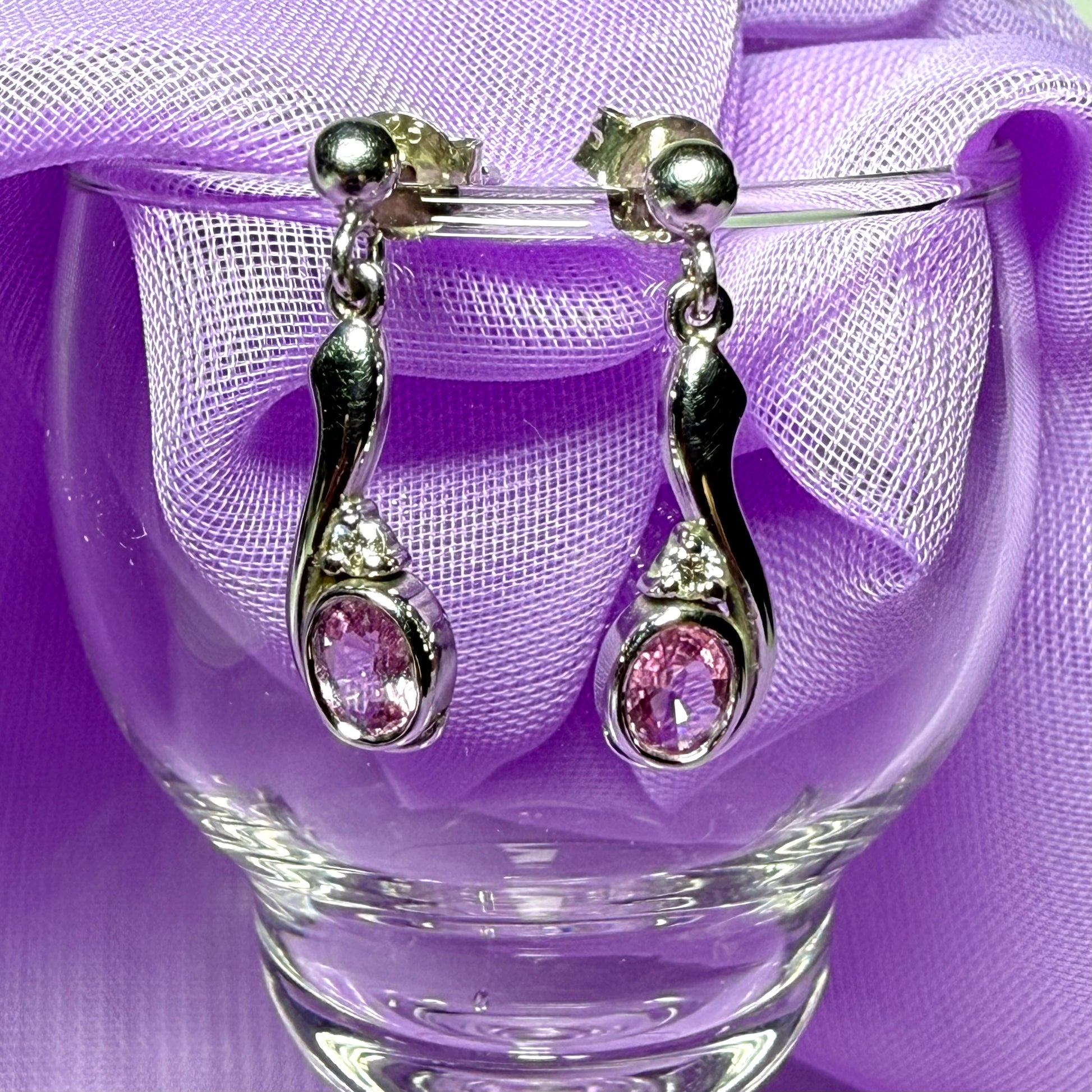 Real pink sapphire drop earrings with diamond white gold