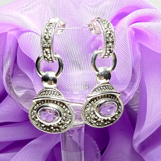 Real purple amethyst and marcasite silver fancy oval drop earrings