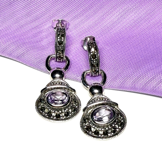 Real purple amethyst and marcasite silver fancy oval drop earrings