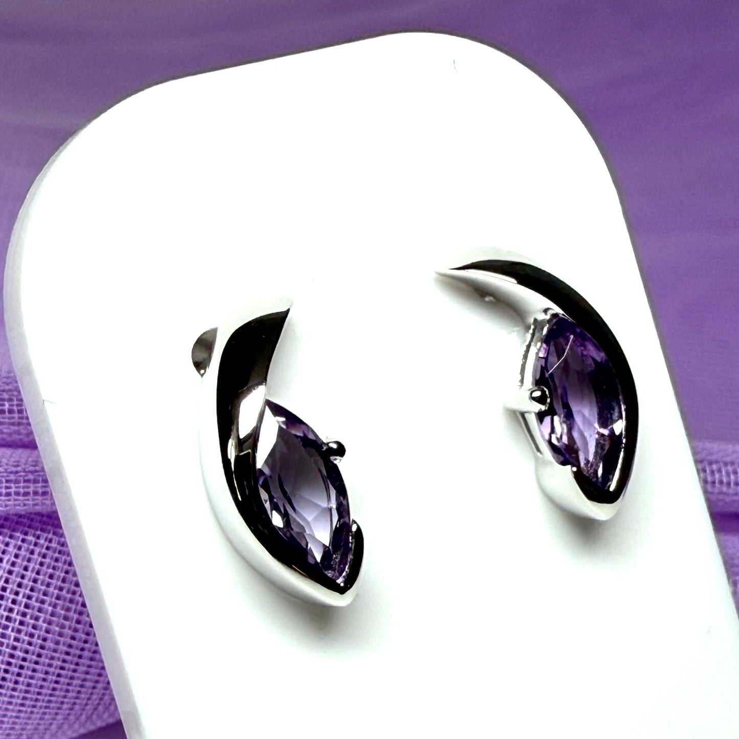 Real purple amethyst earrings fancy stud swirl marquise shape