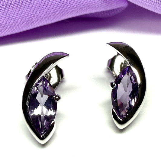 Real purple amethyst earrings fancy stud swirl marquise shape