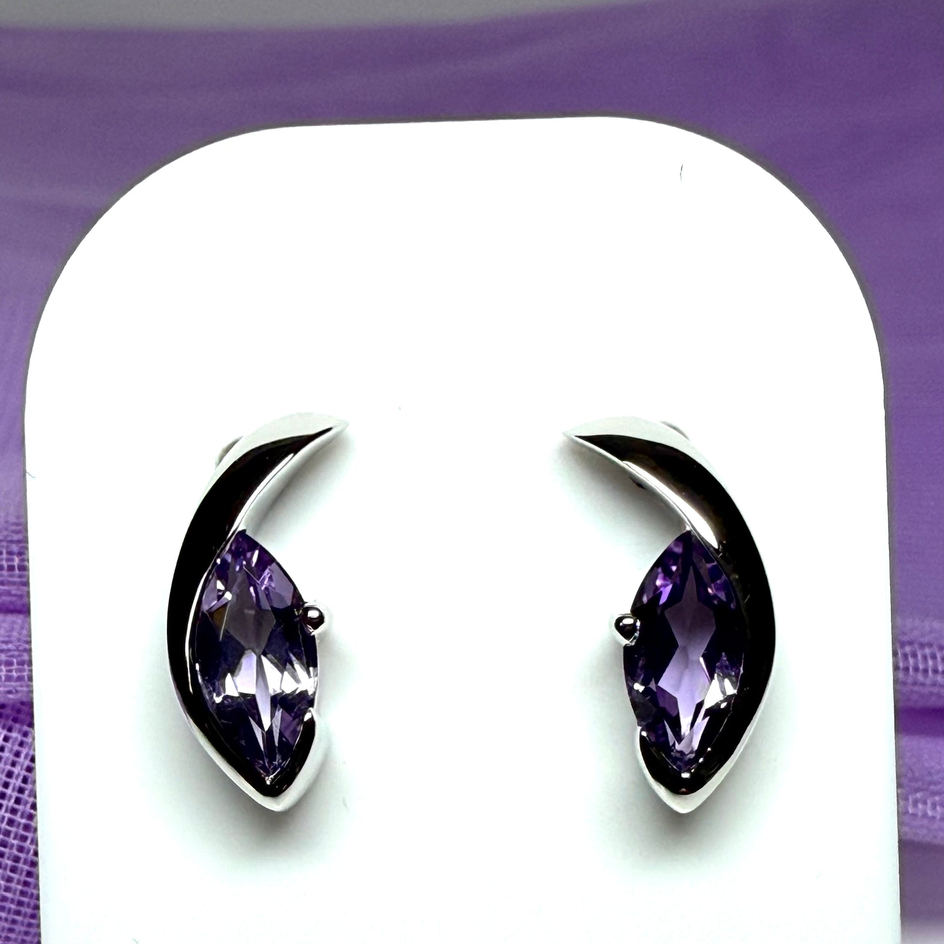 Real purple amethyst earrings fancy stud swirl marquise shape