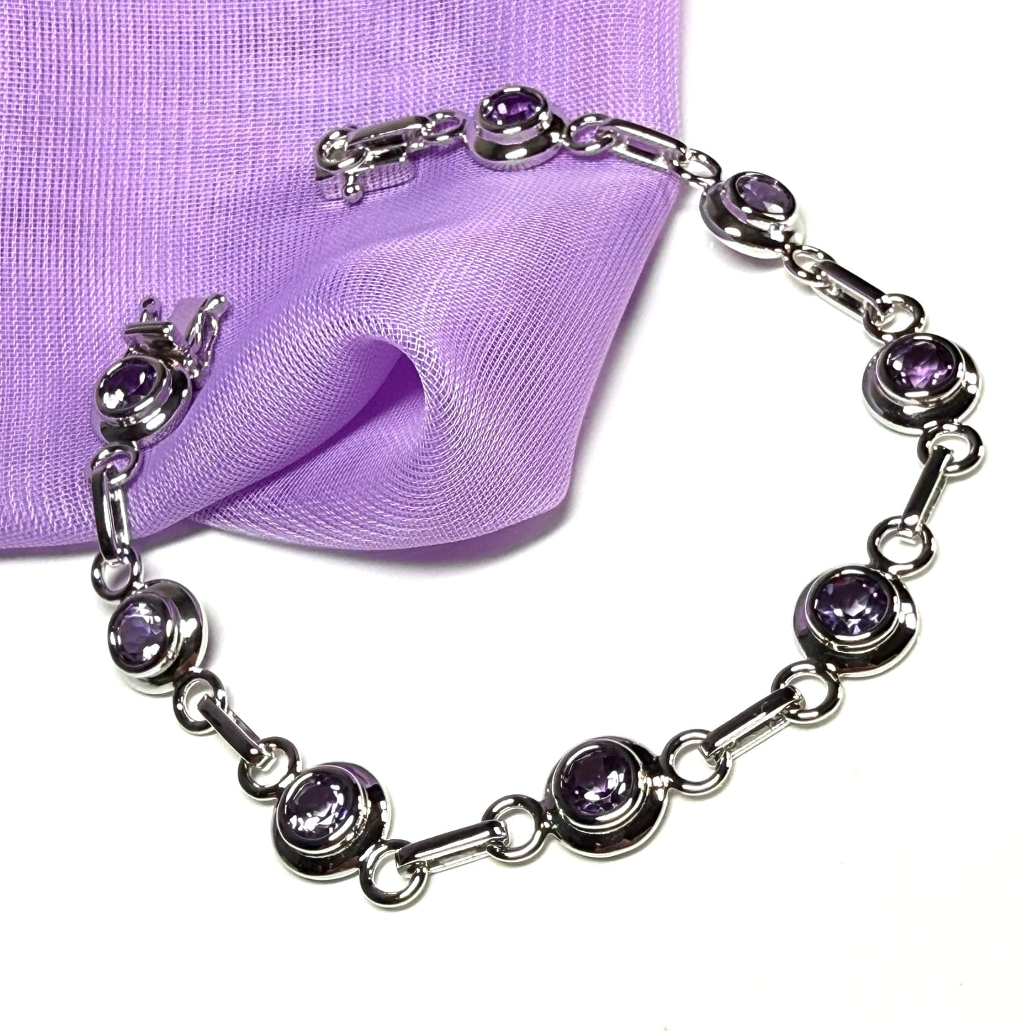 Real purple amethyst fancy round link sterling silver bracelet