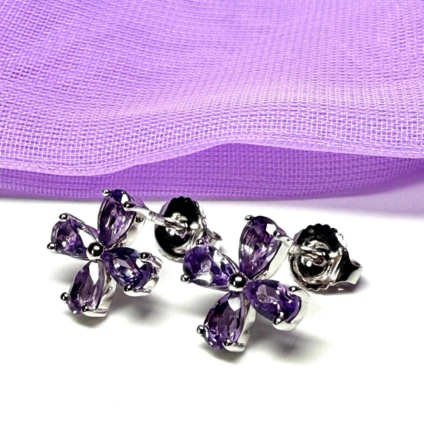 Real purple amethyst flower petal shaped stud earrings sterling silver