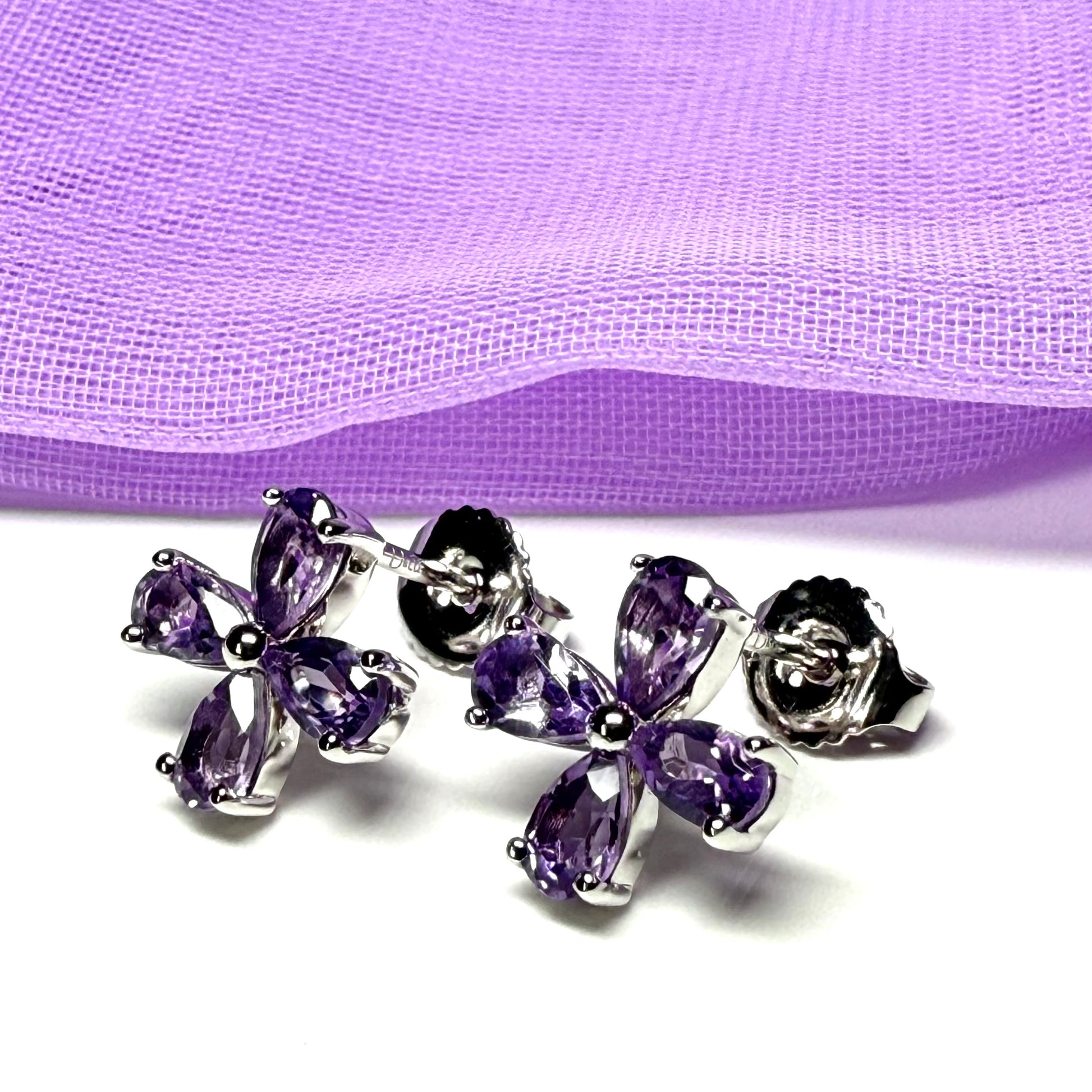 Real purple amethyst flower petal shaped stud earrings sterling silver