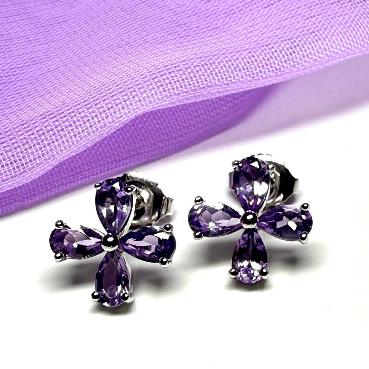 Real purple amethyst flower petal shaped stud earrings sterling silver