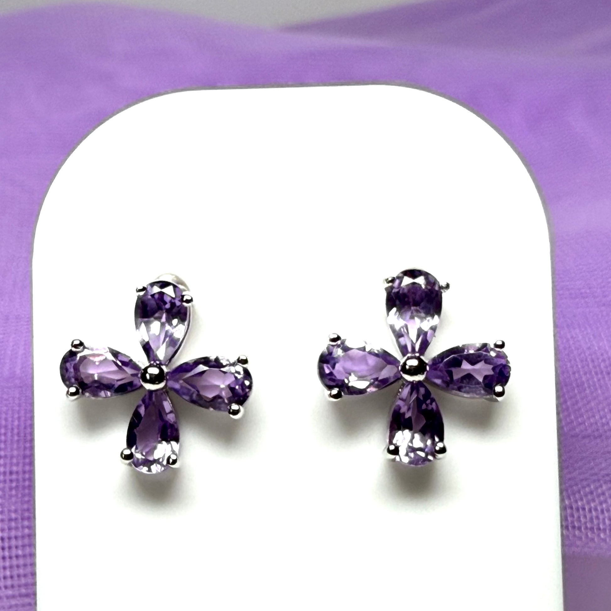 Real purple amethyst flower petal shaped stud earrings sterling silver