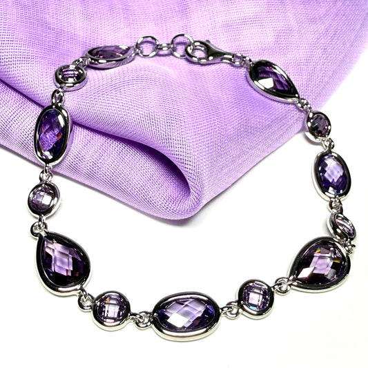 Real purple amethyst pear, oval and round shaped sterling silver fancy bracelet