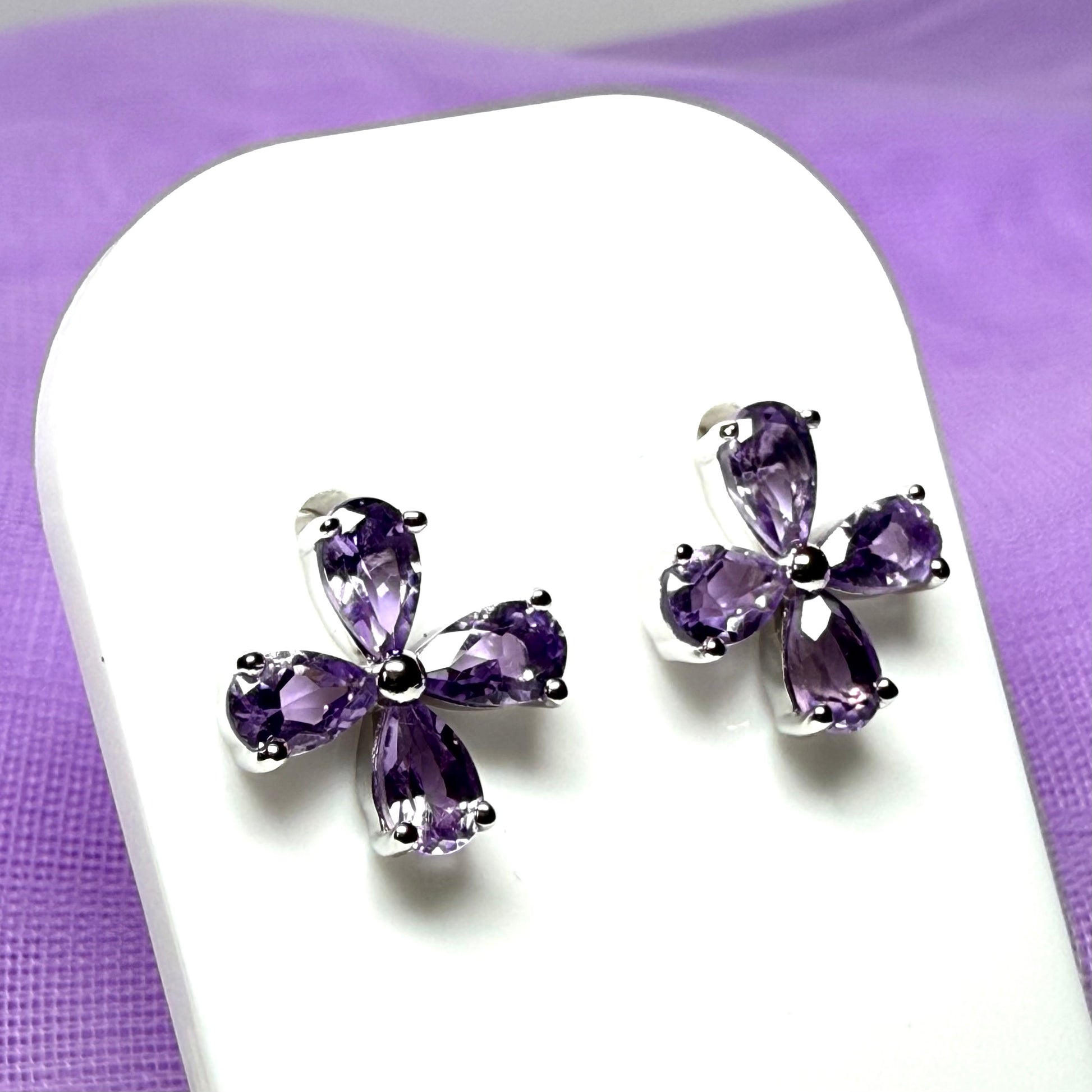 Real purple amethyst flower petal shaped stud earrings sterling silver