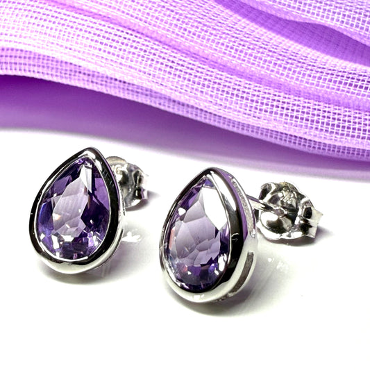 Real purple amethyst stud earrings pear shaped white gold teardrop