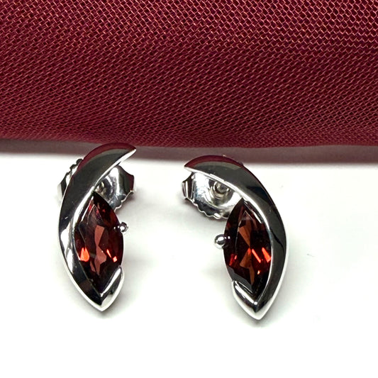 Real red garnet earrings fancy stud swirl marquise shape