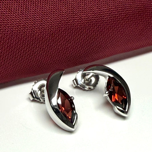 Real red garnet earrings fancy stud swirl marquise shape