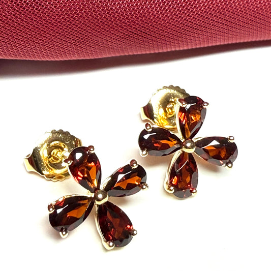 Real red garnet flower petal shaped stud earrings gold plated sterling silver gilt