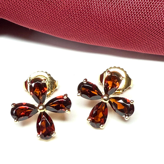 Real red garnet flower petal shaped stud earrings gold plated sterling silver gilt