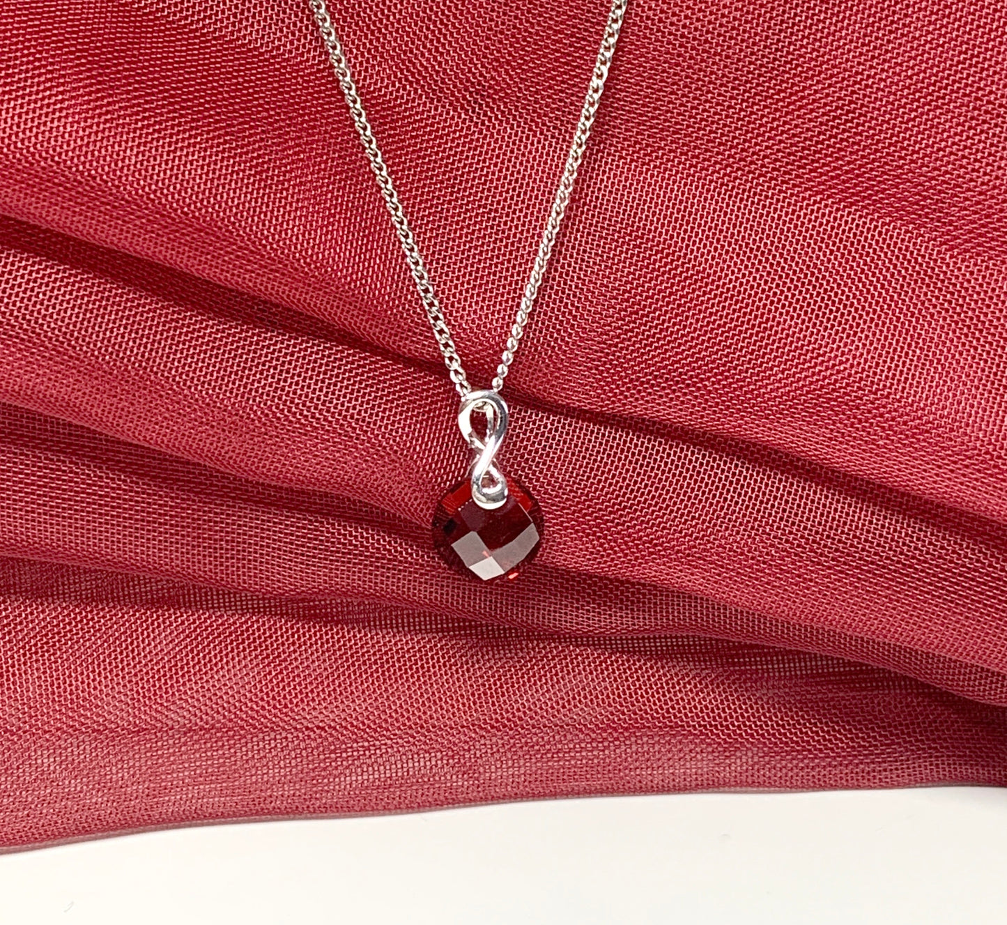 Real red garnet pendant round shaped fancy pierced white gold necklace