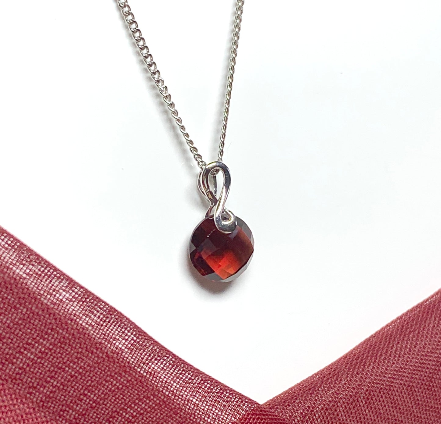Real red garnet pendant round shaped fancy pierced white gold necklace
