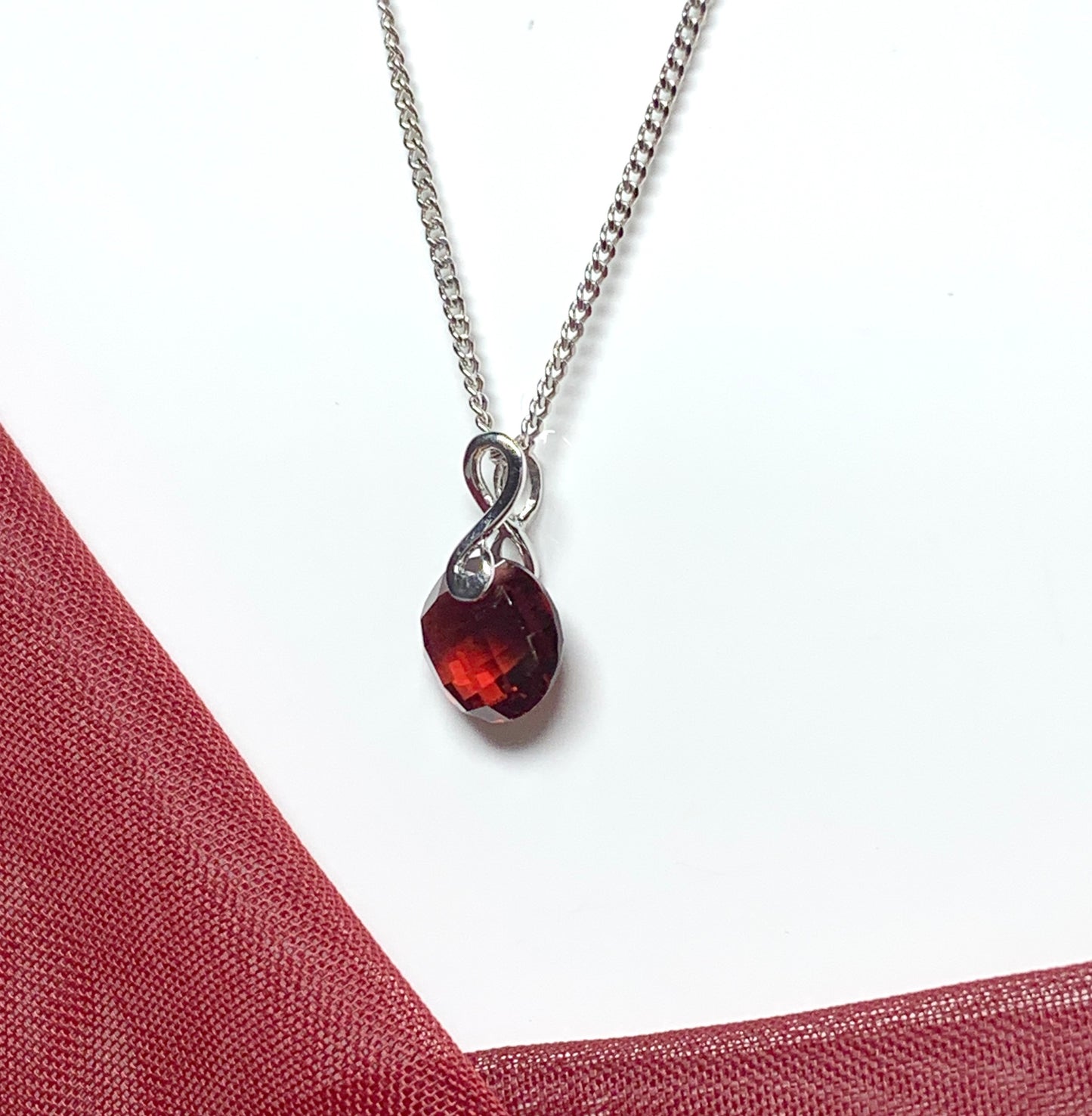 Real red garnet pendant round shaped fancy pierced white gold necklace