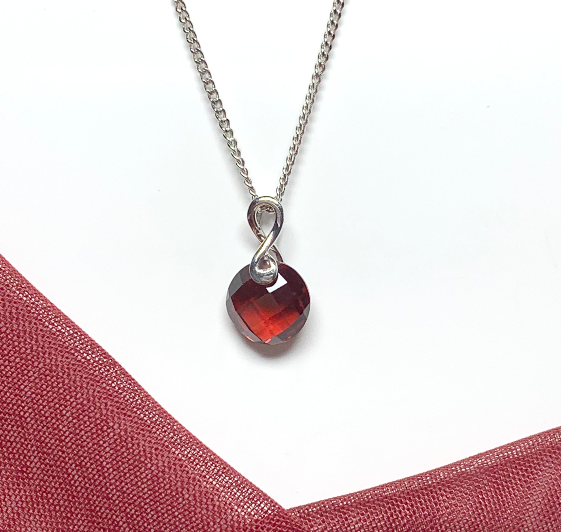 Real red garnet pendant round shaped fancy pierced white gold necklace