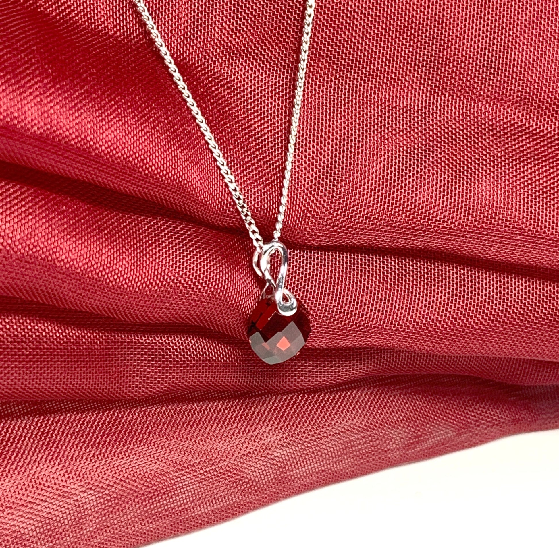 Real red garnet pendant round shaped fancy pierced white gold necklace