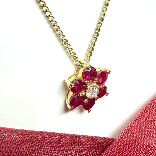 Real red ruby and diamond yellow gold fancy daisy shaped cluster necklace