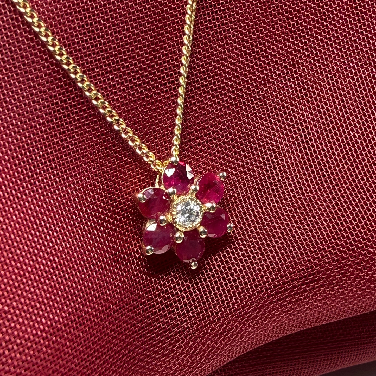 Real red ruby and diamond yellow gold fancy daisy shaped cluster necklace