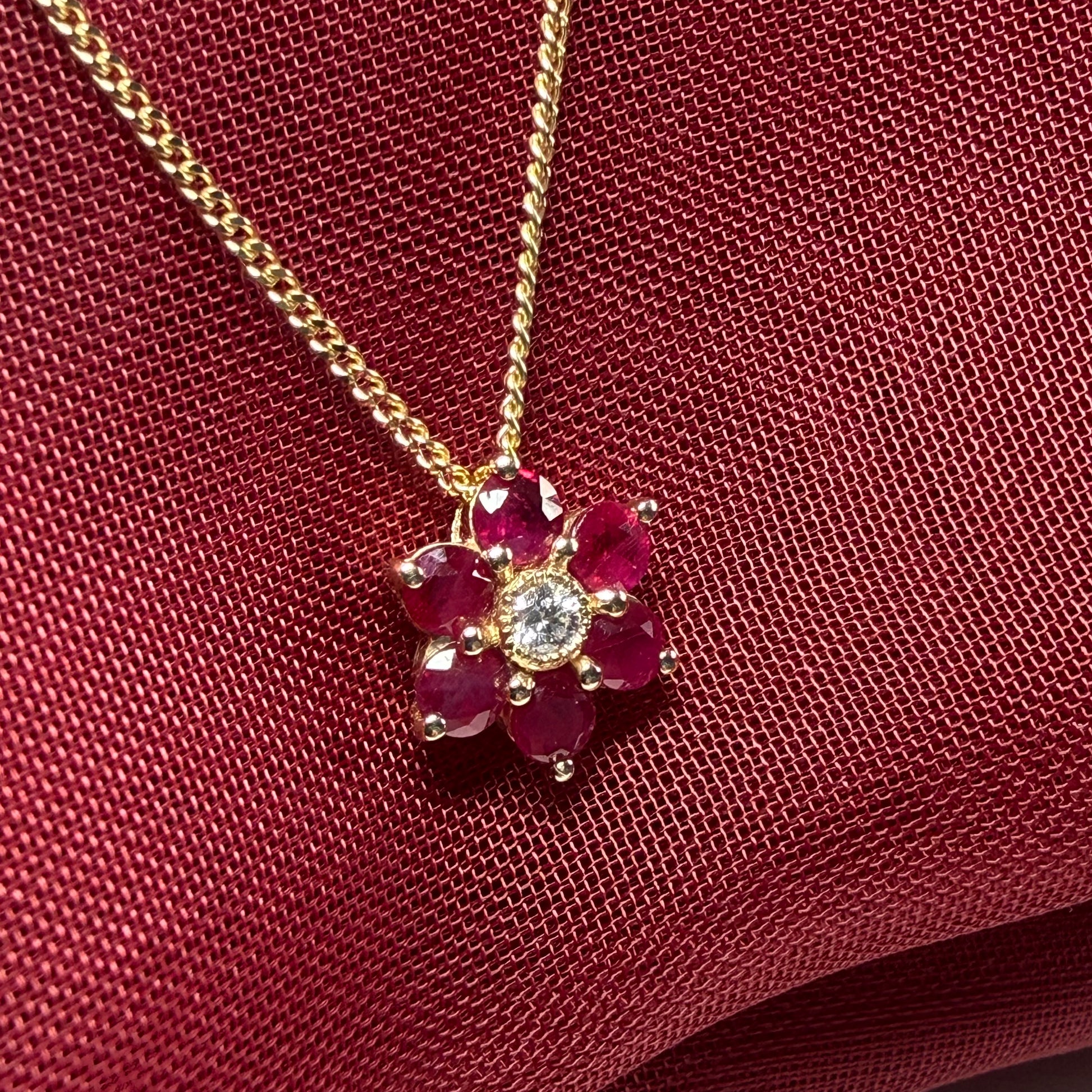 Real red ruby and diamond yellow gold fancy daisy shaped cluster necklace