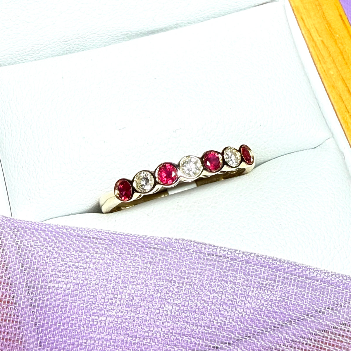 Real red ruby diamond eternity ring yellow gold