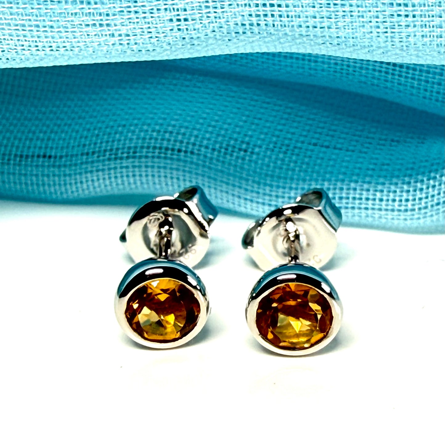 Real round citrine pair of earrings sterling silver yellow
